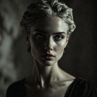 The primary subject of the image is a woman with blonde hair, wearing a brown dress. She is looking at the camera with a serious expression. The setting is a dark room, and the visual style appears to be a black and white photo. The woman's hair is styled in a braid, and her eyes are a striking blue color. The overall atmosphere of the image is dramatic and captivating.